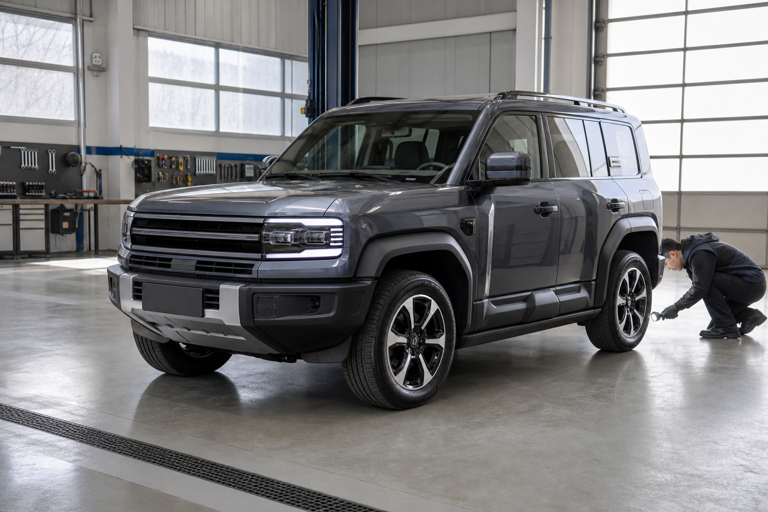 Representative dark green Bao 5-style off-road SUV receiving an underbody inspection in a clean workshop